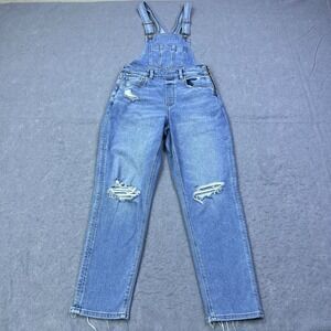 American Eagle Mom Overalls Women's 2 Blue Jeans Denim Distressed Stretch Bibs